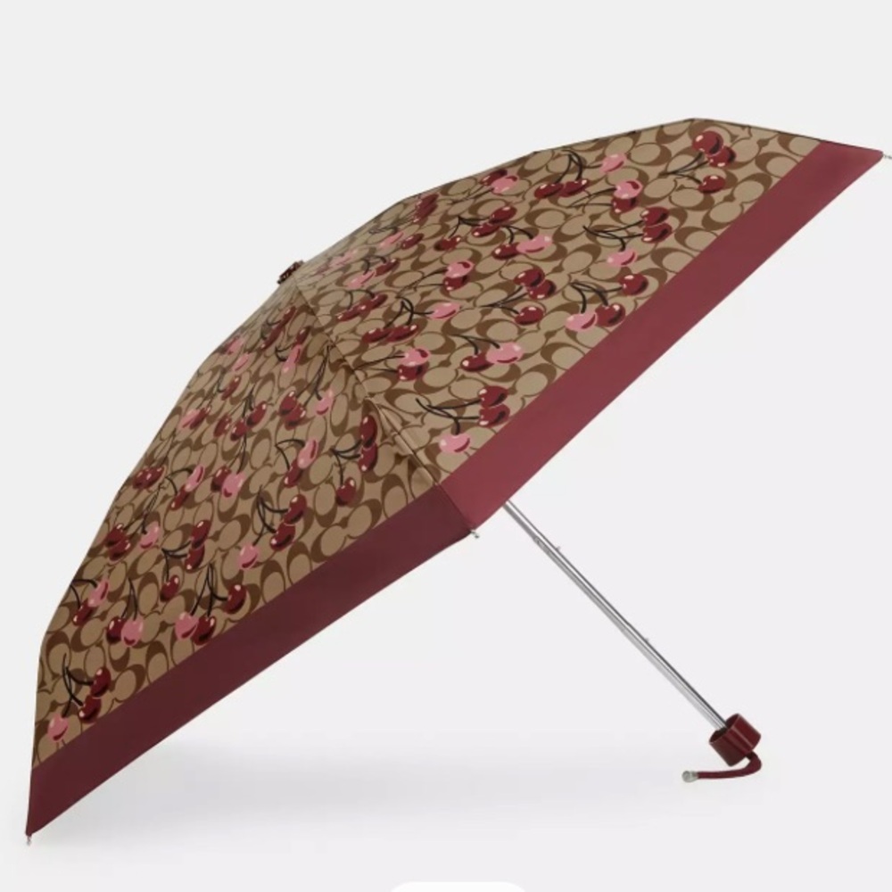 ☔️🍒COACH UV Protection Mini Umbrella In Signature C Khaki/Pink Cherry Print, NWT